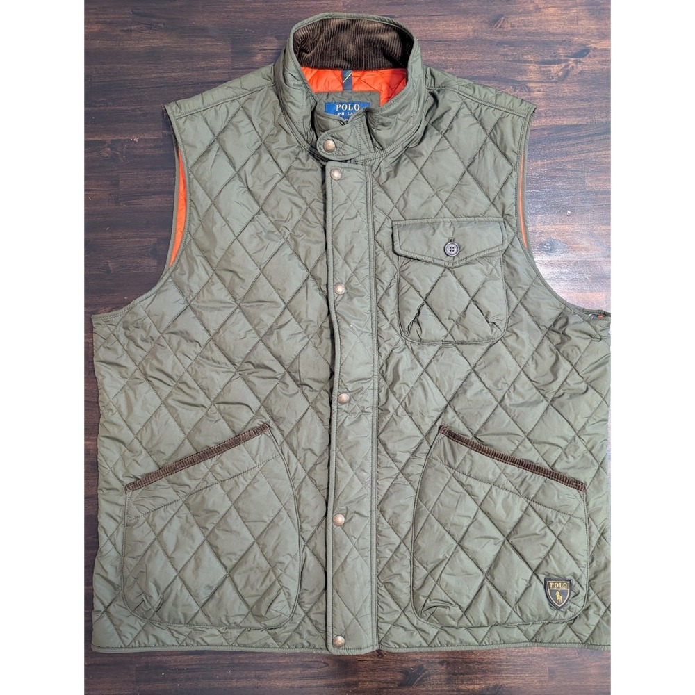 Polo Ralph Lauren Mens XXL The Beaton Quilted Vest Olive Green Orange Lining